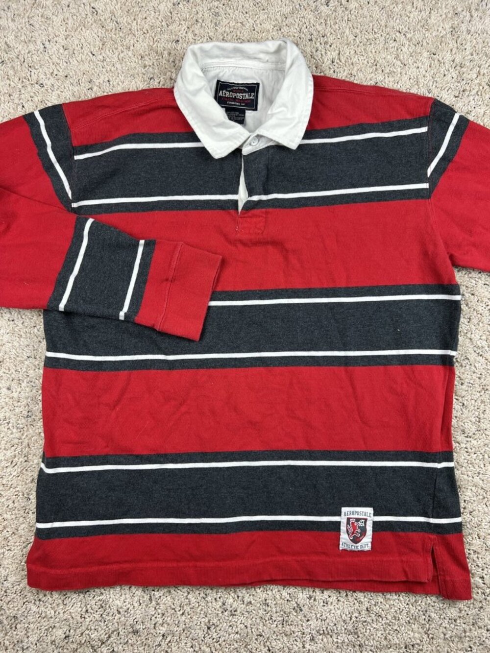 Aeropostale Long Sleeve Red Gray Striped Polo Shirt Size Large Cotton Men’s